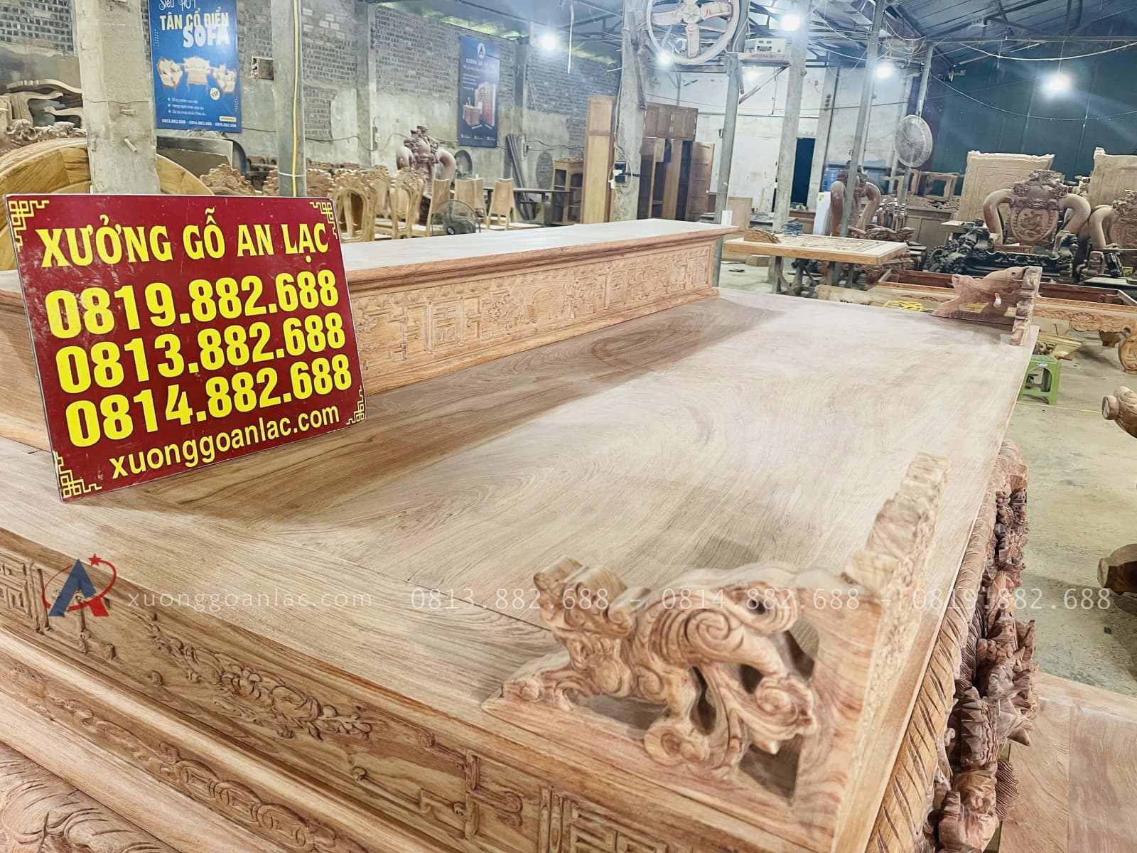 Nguyên mộc sập thờ tứ linh nhị cấp 2m17 giao Bình Thuận 35 mặt sập khung tranh ván liền