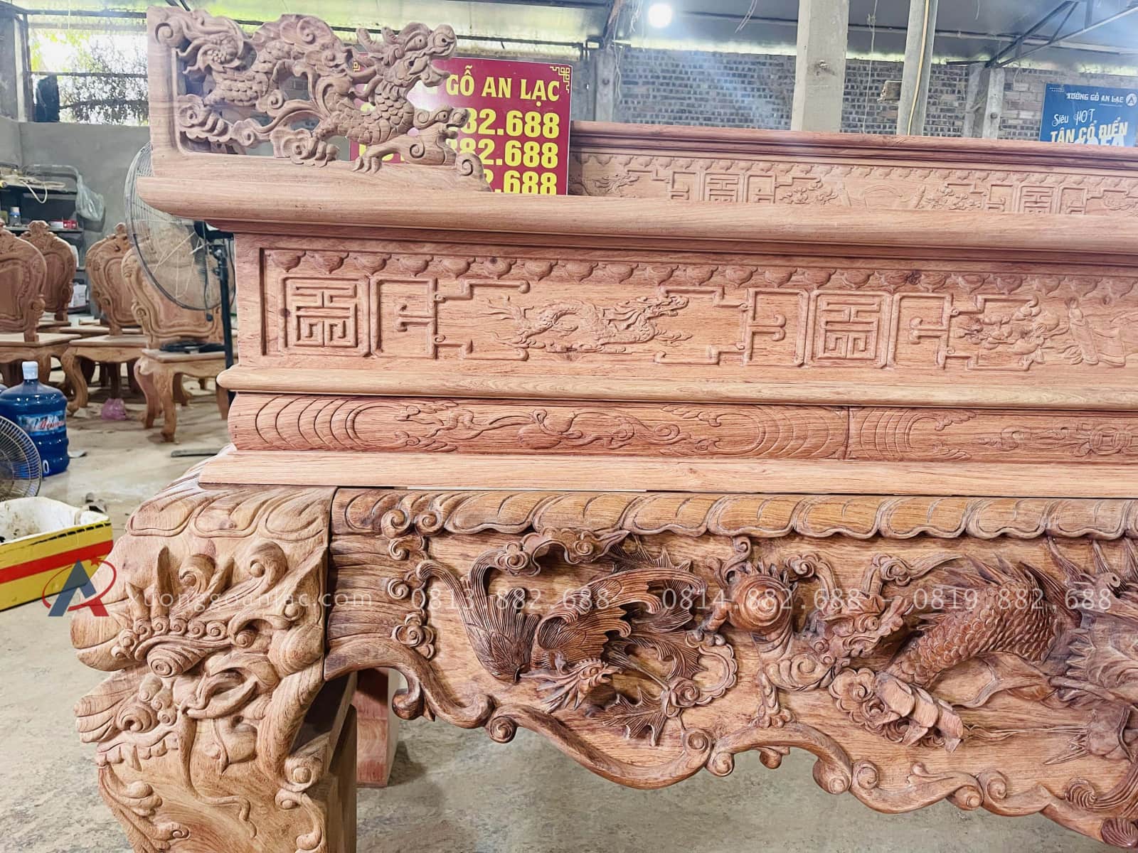 Nguyên mộc sập thờ tứ linh nhị cấp 2m17 giao Bình Thuận 39 sập thờ đục tỉa họa tiết tinh xảo