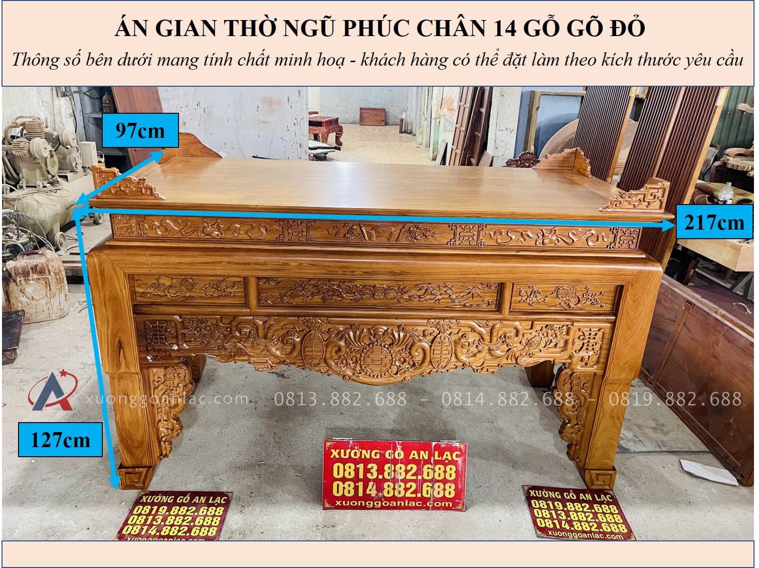 Án thờ Dơi Ngũ Phúc 2m17 gỗ gõ đỏ chân 14 chú Liêm - Bình Dương 25 KÍCH THƯỚC ÁN GIAN THỜ NGŨ PHÚC CHÂN 14 GỖ GÕ ĐỎ