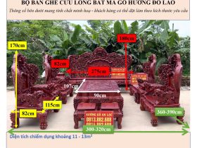 KÍCH THƯỚC BỘ BÀN GHẾ CỬU LONG BÁT MÃ GỖ HƯƠNG ĐỎ LÀO