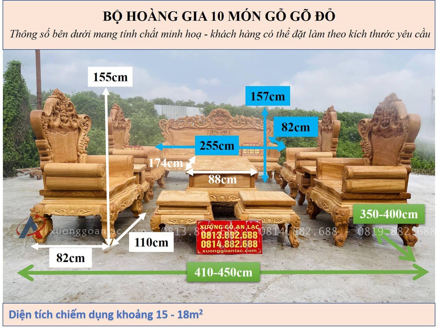 Bộ bàn ghế hoàng gia louis 10 món gỗ gõ đỏ ( Chú Quyền, Bình Định) 31 kích thước Bộ Hoàng giá ván liền tấm 10 món gỗ gõ đỏ