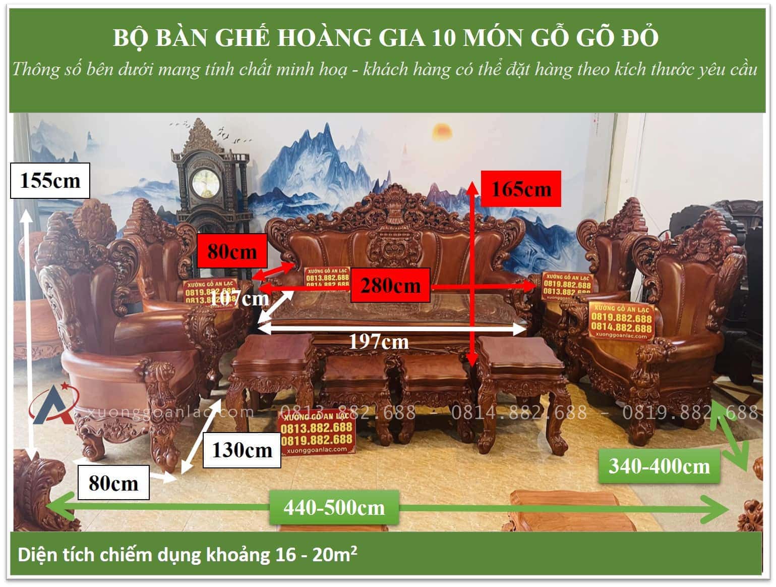 Bàn ghế hoàng gia nguyên khối 10 món gỗ gõ đỏ hàng vip (Anh Kiệt, Thanh Hoá ) 33 Kích thước bàn ghế hoàng gia 10 món gõ đỏ