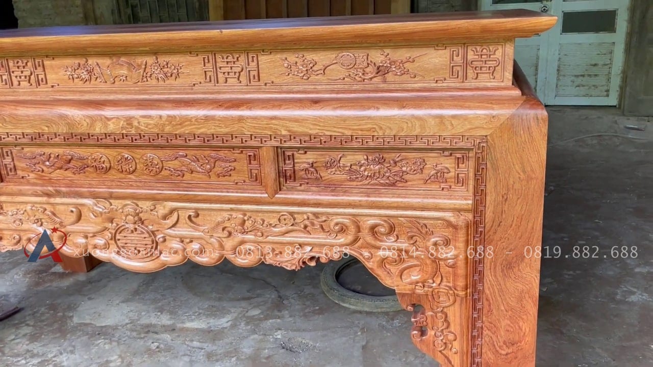 Bộ án gian thờ 2m17 gỗ hương đá hàng vip chân 16 (Lạng Sơn) 20 yếm mành đục dơi ngũ phúc kim tiền