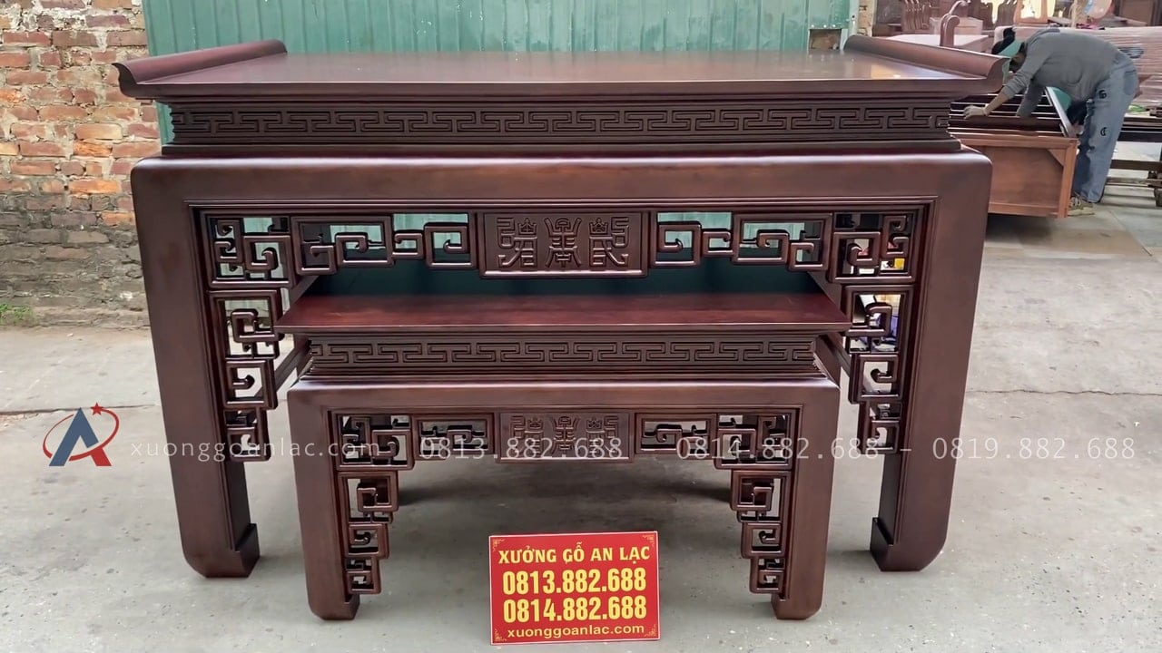 Bộ án gian thờ hàng đặt theo thiết kế 1m97 gỗ hương đá chân 14 2 combo án gian thờ và bàn cơm
