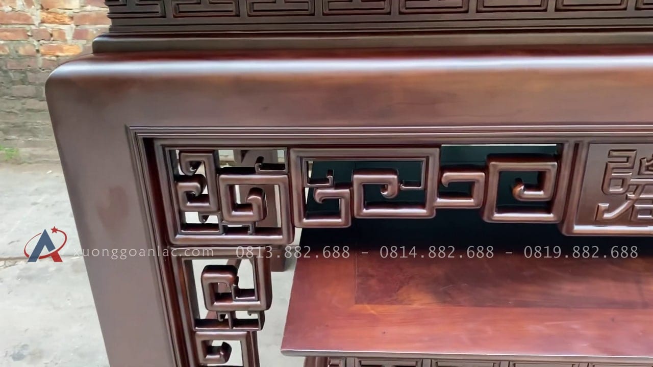 Bộ án gian thờ hàng đặt theo thiết kế 1m97 gỗ hương đá chân 14 17 phần triện vuông đục lọng thủng