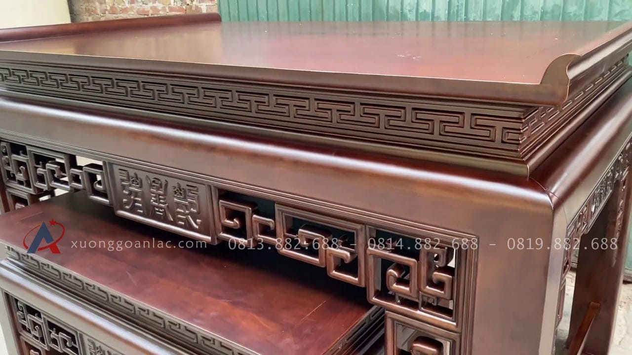 Bộ án gian thờ hàng đặt theo thiết kế 1m97 gỗ hương đá chân 14 18 án gian thờ rộng rãi nổi bật