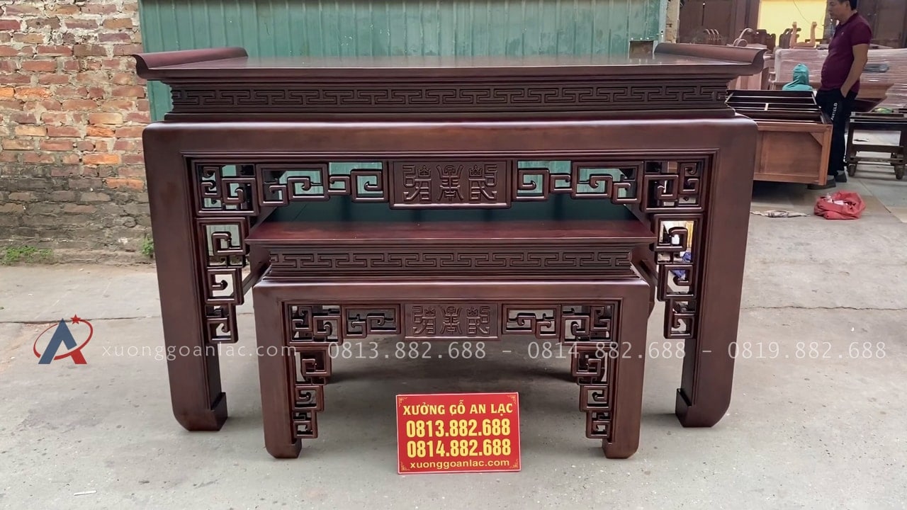 Bộ án gian thờ hàng đặt theo thiết kế 1m97 gỗ hương đá chân 14 19 bàn cơm gỗ hương đá