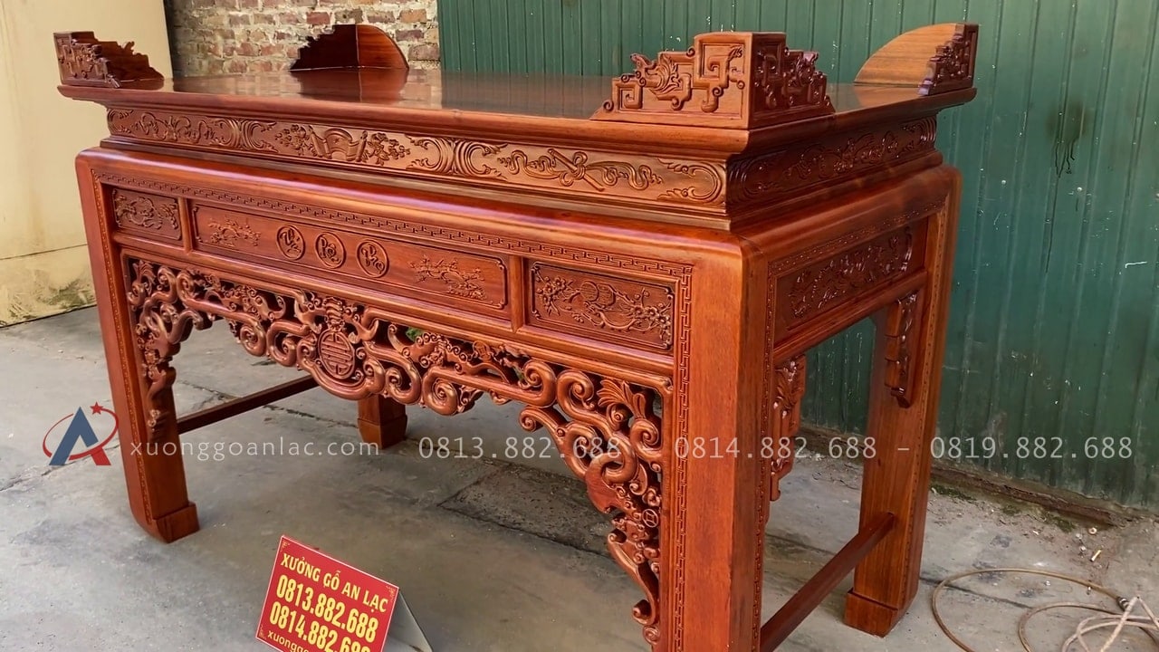 Án gian thờ mẫu như ý dạ thủng 1m97 gỗ gụ Lào chân 12 giao Điện Biên 16 mẫu án gian như ý sang trọng