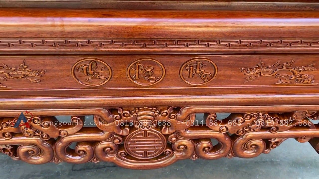 Án gian thờ mẫu như ý dạ thủng 1m97 gỗ gụ Lào chân 12 giao Điện Biên 17 yếm dạ đục chữ phúc lộc thọ