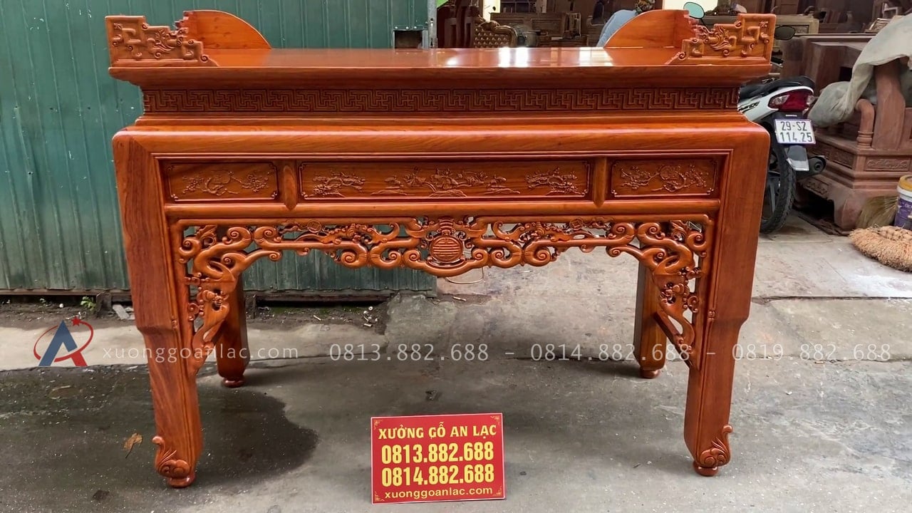 Án gian thờ như ý gỗ 1m75 hương đá chân 12 (Anh Bính - Lai Châu) 3 mặt tiền của mẫu án gian đục họa tiết