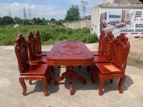 bàn ăn chữ nhật 6 ghế hồng hạt gỗ hương đá