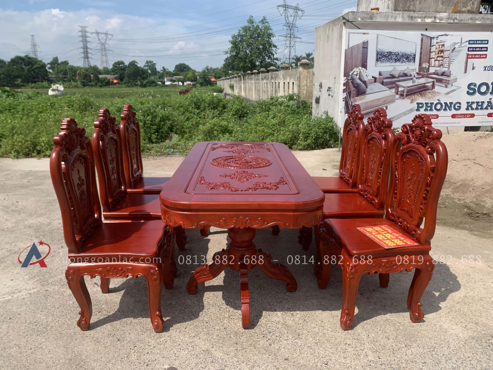 Bàn ăn chữ nhật bo góc 6 ghế hồng hạt gỗ hương đá (Anh Trường, An Giang) 16 bàn ăn chữ nhật 6 ghế hồng hạt gỗ hương đá