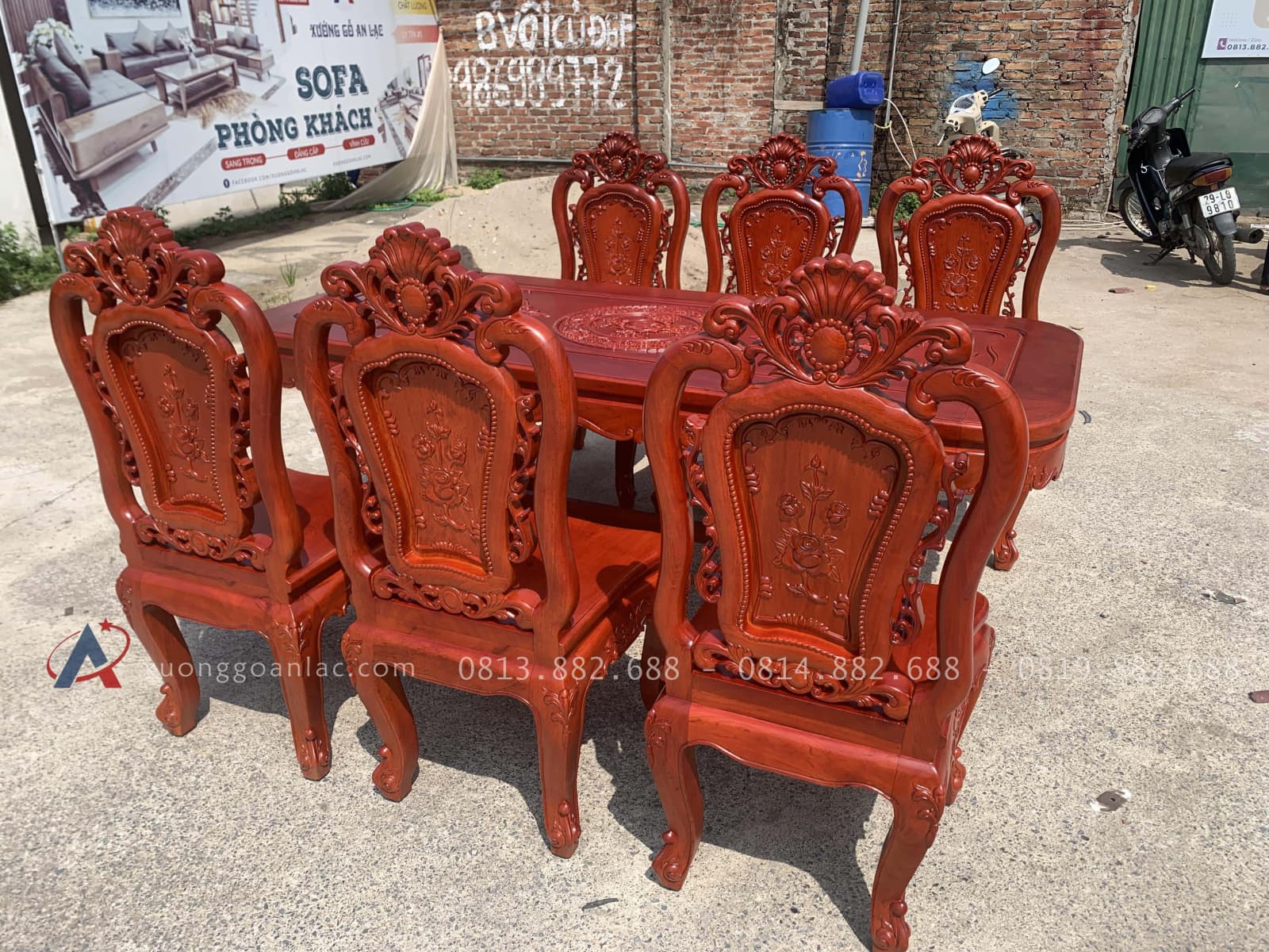 Bàn ăn chữ nhật bo góc 6 ghế hồng hạt gỗ hương đá (Anh Trường, An Giang) 17 bộ bàn ăn louis hoàng gia cao cấp