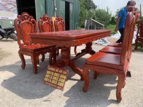 Bàn ăn chữ nhật bo góc 6 ghế hồng hạt gỗ hương đá (Anh Trường, An Giang) 12 bàn ăn louis hoàng gia