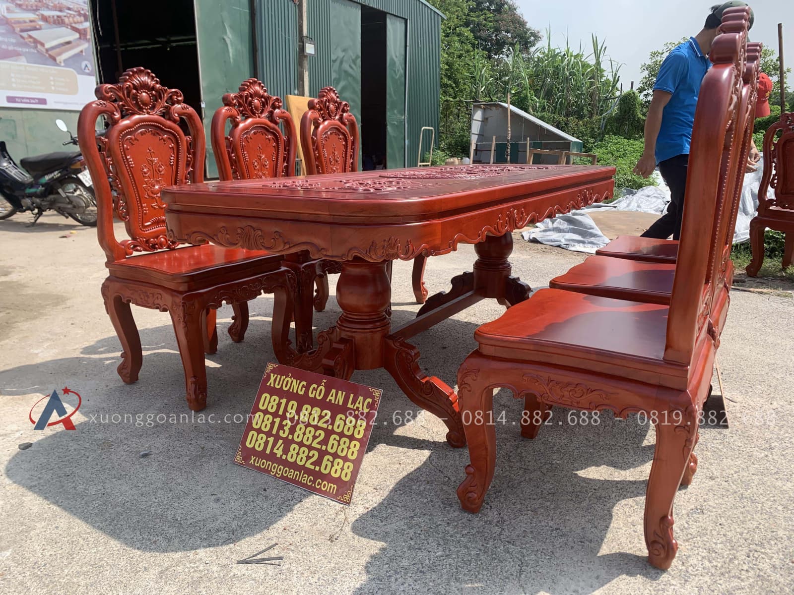 Bàn ăn chữ nhật bo góc 6 ghế hồng hạt gỗ hương đá (Anh Trường, An Giang) 20 bàn ăn louis hoàng gia