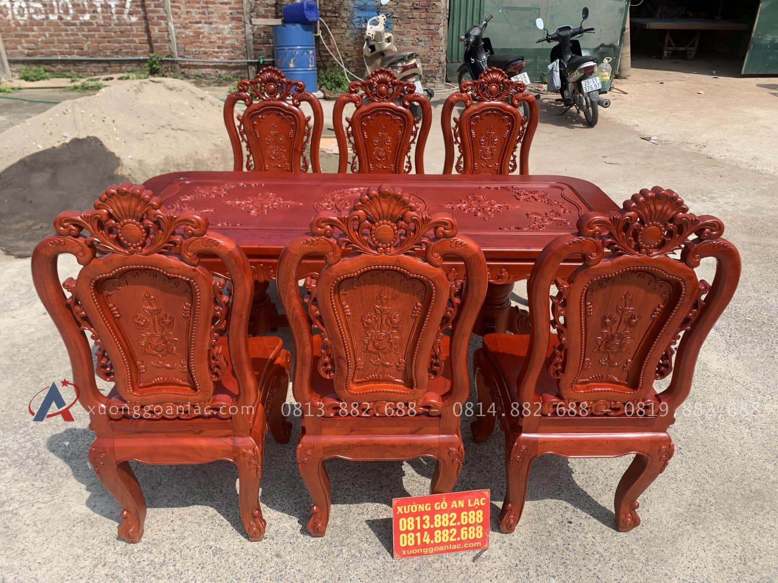 Bàn ăn chữ nhật bo góc 6 ghế hồng hạt gỗ hương đá (Anh Trường, An Giang) 21 bộ bàn ăn 6 ghế