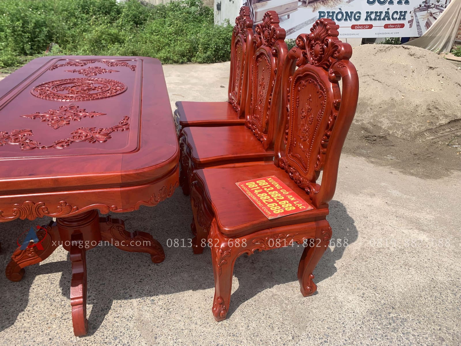 Bàn ăn chữ nhật bo góc 6 ghế hồng hạt gỗ hương đá (Anh Trường, An Giang) 22 mẫu ghế louis hồng hạt cầu kỳ sang trọng
