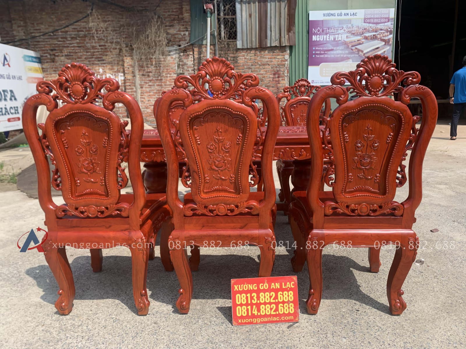 Bàn ăn chữ nhật bo góc 6 ghế hồng hạt gỗ hương đá (Anh Trường, An Giang) 23 bộ bàn ghế ăn gỗ hương đá