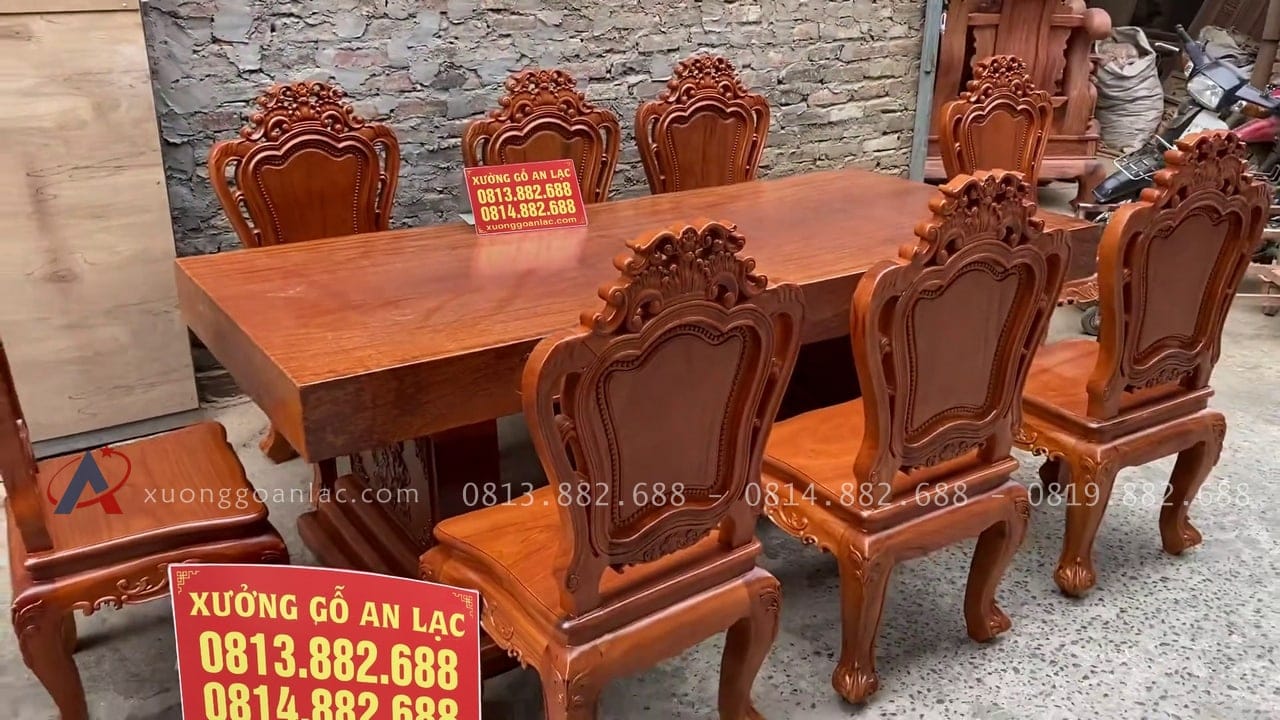 Bộ bàn ăn nguyên khối 8 ghế louis hoàng gia gỗ gõ đỏ (Anh Tiến, Gia Lâm) 23 mẫu bàn ghế ăn louis hoàng gia tân cổ điển