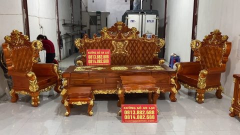 bàn ghế lousi hoàng gia nguyên khối gỗ gõ dát vàng