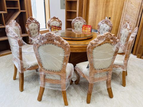 bàn giao bộ bàn ăn tròn 10 ghế louis bọc đệm gỗ gõ đỏ