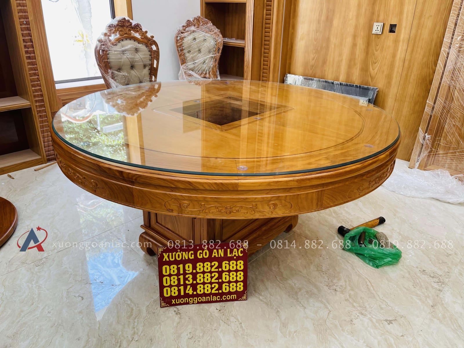 Bàn giao hoàn tất bộ bàn ăn tròn 10 ghế louis bọc đệm gỗ gõ đỏ (Anh Bắc, Hà Nội) 17 bàn ăn tròn đường kính 1m6