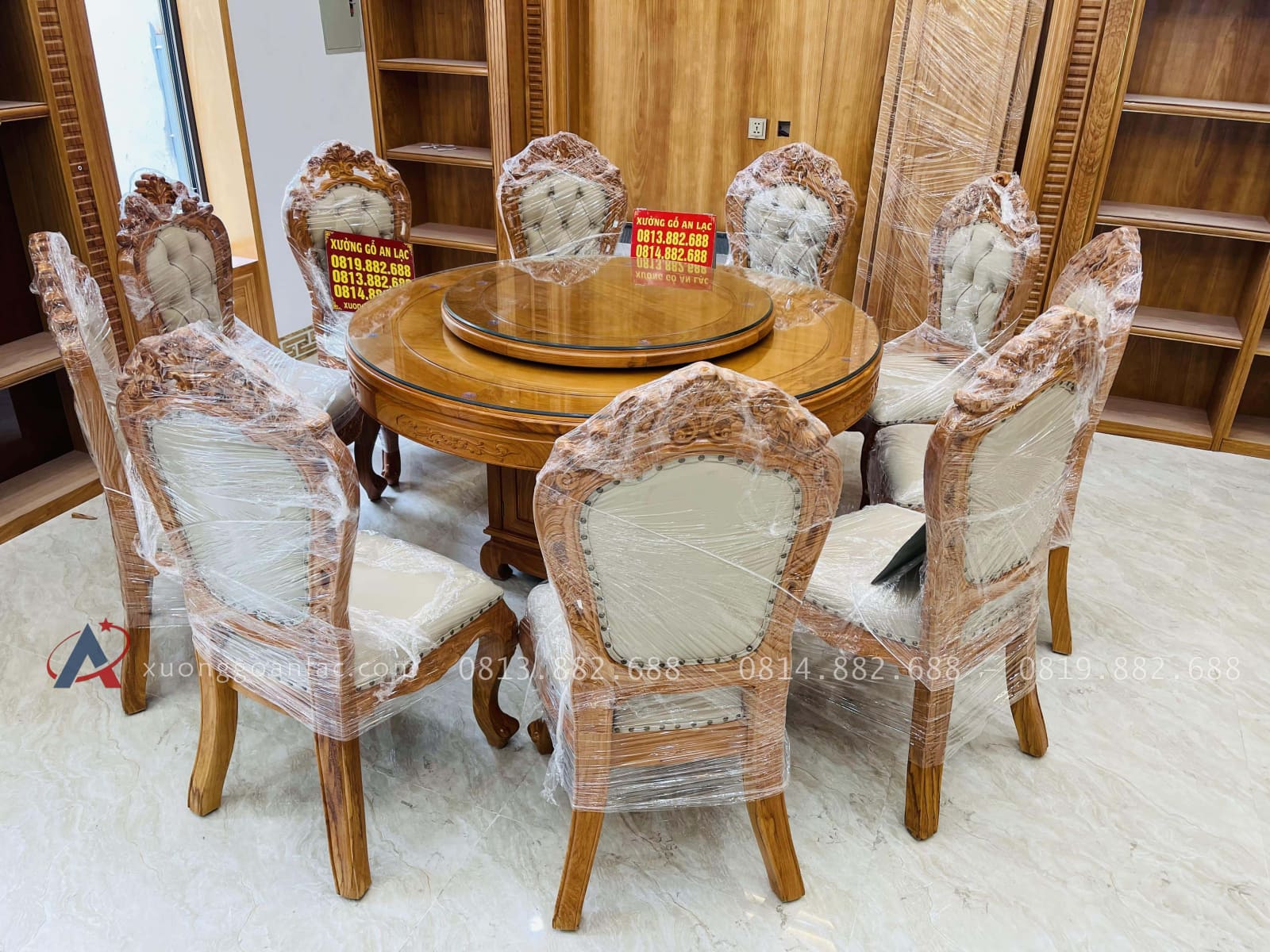 Bàn giao hoàn tất bộ bàn ăn tròn 10 ghế louis bọc đệm gỗ gõ đỏ (Anh Bắc, Hà Nội) 22 trọn bộ bàn ăn 10 ghế