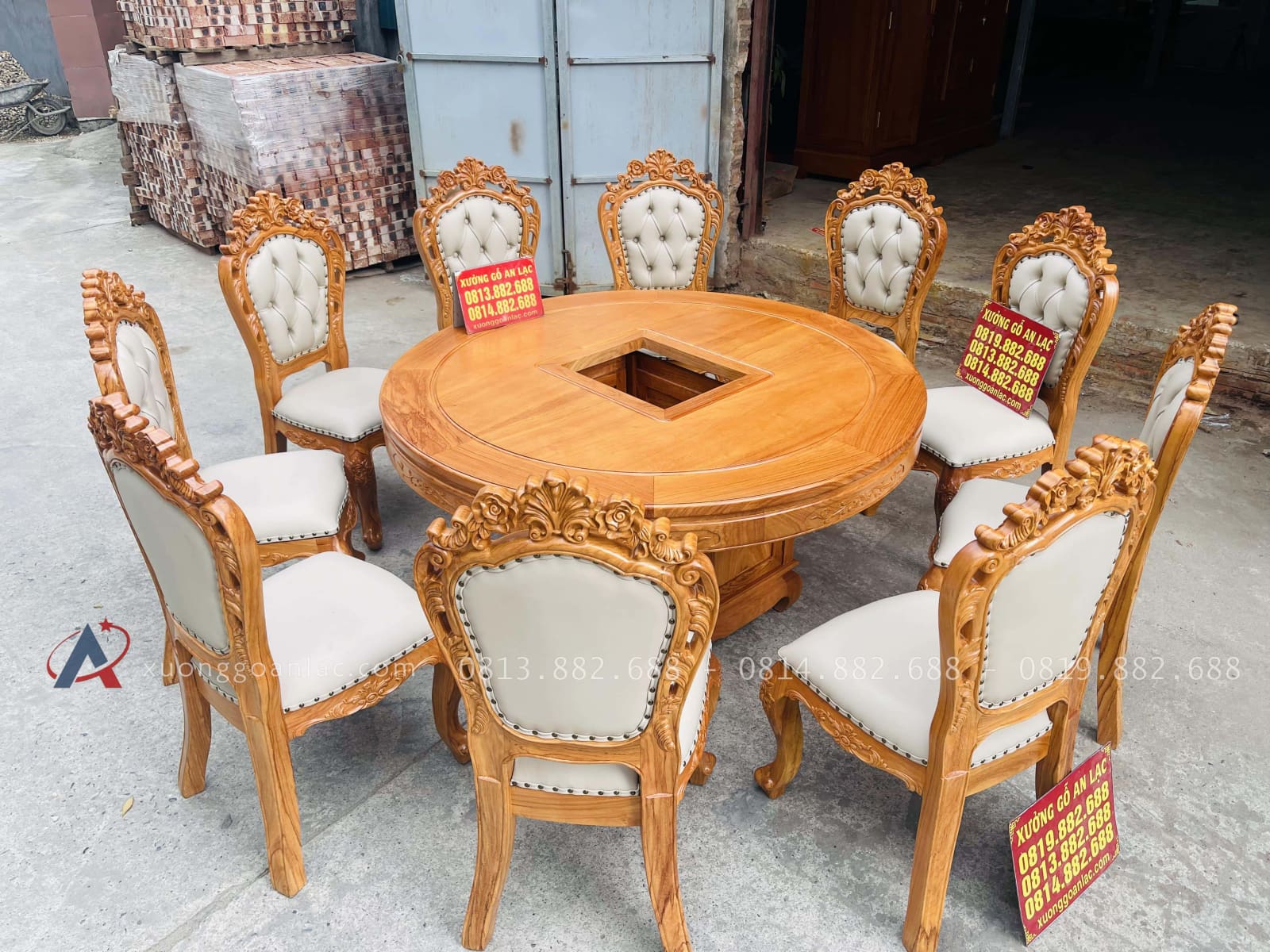 Bộ bàn tròn xoay 10 ghế louis bọc đệm gỗ gõ đỏ (Anh Bắc, Hà Nội) 25 mẫu bàn ăn tròn 10 ghế louis