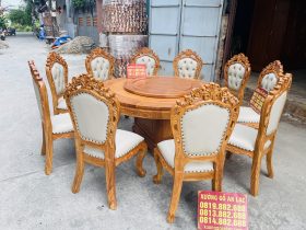 Bộ bàn tròn xoay 10 ghế louis bọc đệm gỗ gõ đỏ (Anh Bắc, Hà Nội) 14 mẫu bàn ăn tròn xoay 10 ghế louis hoàng gia