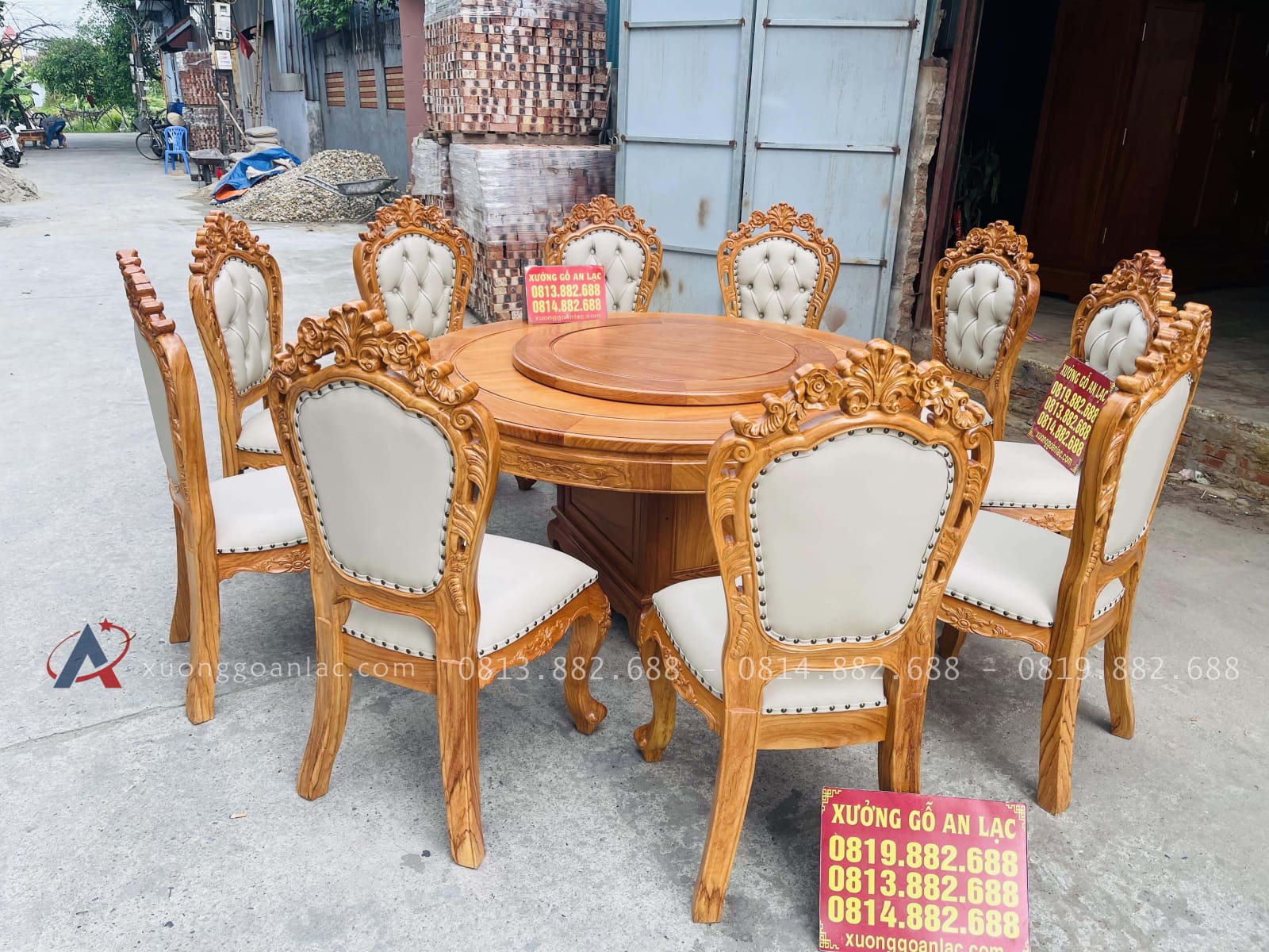 Bộ bàn tròn xoay 10 ghế louis bọc đệm gỗ gõ đỏ (Anh Bắc, Hà Nội) 26 mẫu bàn ăn tròn xoay 10 ghế louis hoàng gia