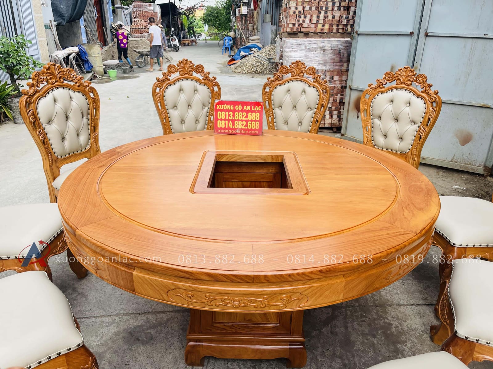 Bộ bàn tròn xoay 10 ghế louis bọc đệm gỗ gõ đỏ (Anh Bắc, Hà Nội) 28 Mặt bàn thiết kế khuôn 4 ván 2