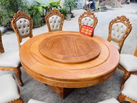 Bộ bàn tròn xoay 10 ghế louis bọc đệm gỗ gõ đỏ (Anh Bắc, Hà Nội) 17 Mặt bàn mâm xoay gỗ gõ đỏ