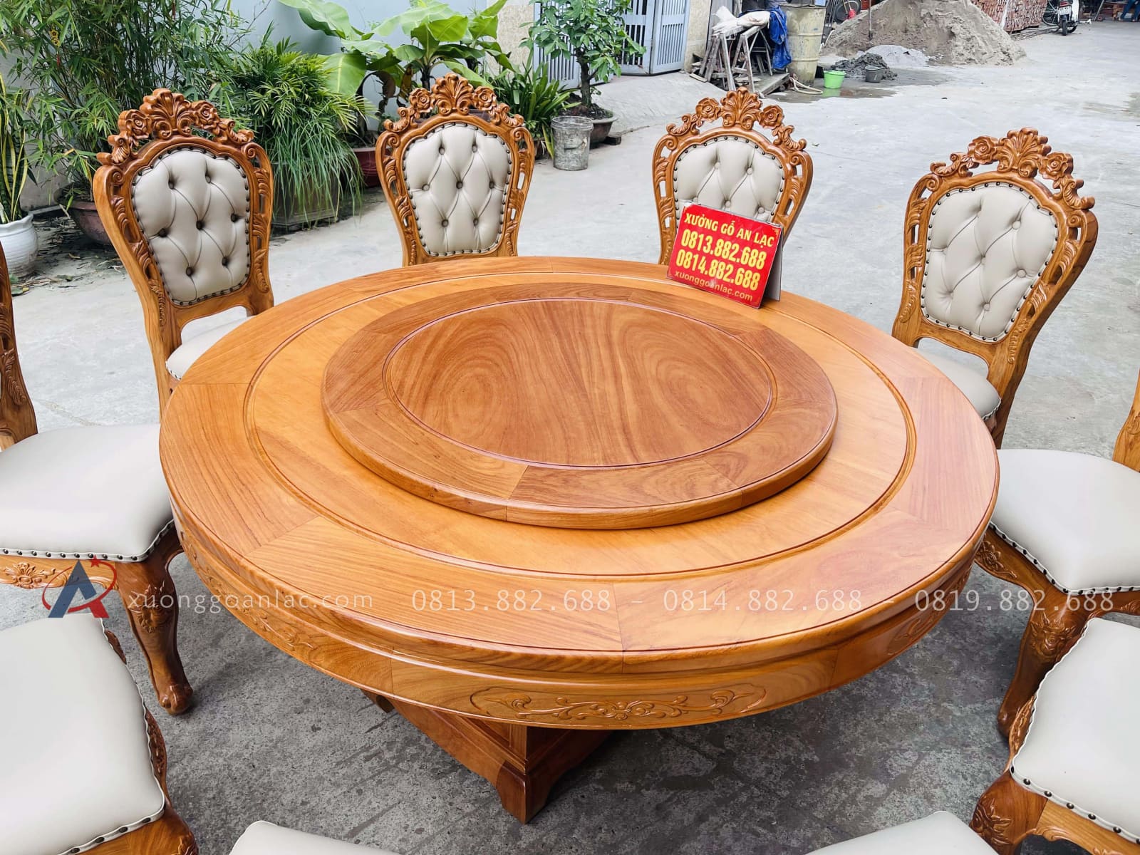 Bộ bàn tròn xoay 10 ghế louis bọc đệm gỗ gõ đỏ (Anh Bắc, Hà Nội) 29 Mặt bàn mâm xoay gỗ gõ đỏ