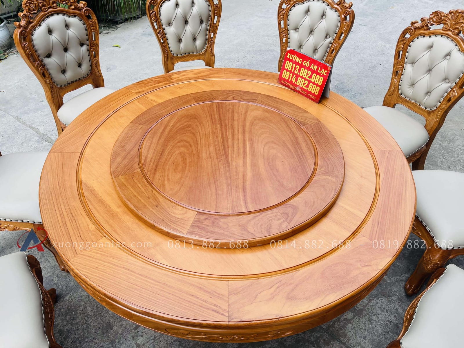 Bộ bàn tròn xoay 10 ghế louis bọc đệm gỗ gõ đỏ (Anh Bắc, Hà Nội) 30 mặt mâm xoay khung tranh ván liền 2 tấm