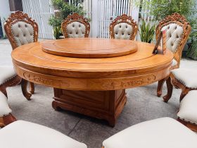 Bộ bàn tròn xoay 10 ghế louis bọc đệm gỗ gõ đỏ (Anh Bắc, Hà Nội) 19 yếm bàn chạm lá tây