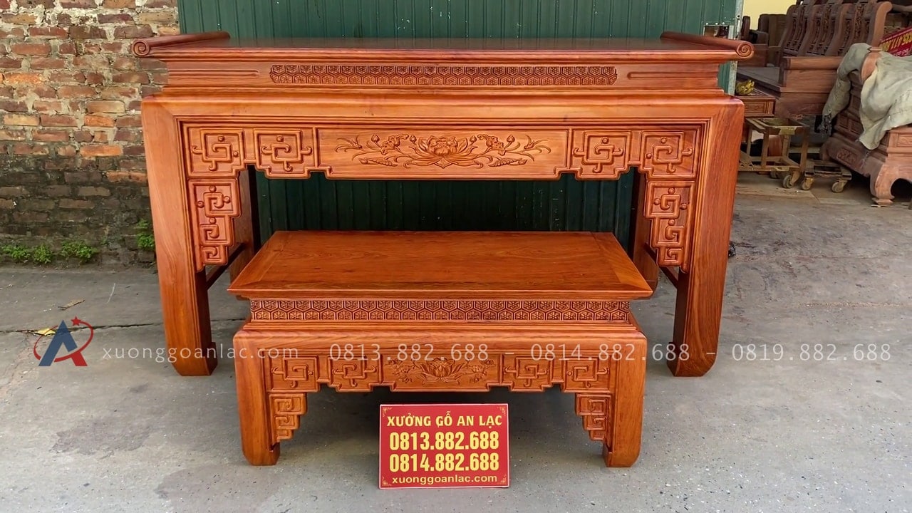 Bộ án gian mẫu Triện Sen 2m17 gỗ hương đá giao Ninh Hiệp 22 bộ án gian mẫu triện sen gỗ hương đá cao cấp