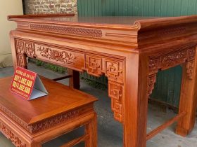 Bộ án gian mẫu Triện Sen 2m17 gỗ hương đá giao Ninh Hiệp 21 mẫu bàn cơm tiện dụng