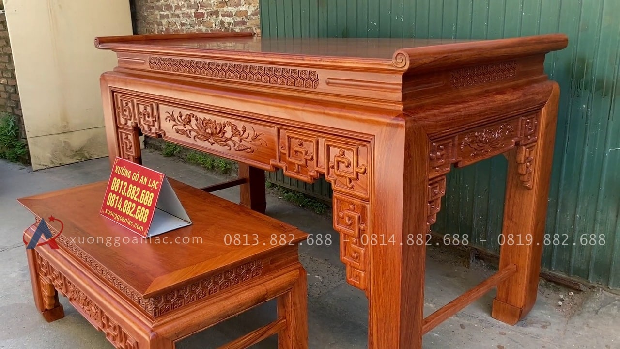Bộ án gian mẫu Triện Sen 2m17 gỗ hương đá giao Ninh Hiệp 31 mẫu bàn cơm tiện dụng