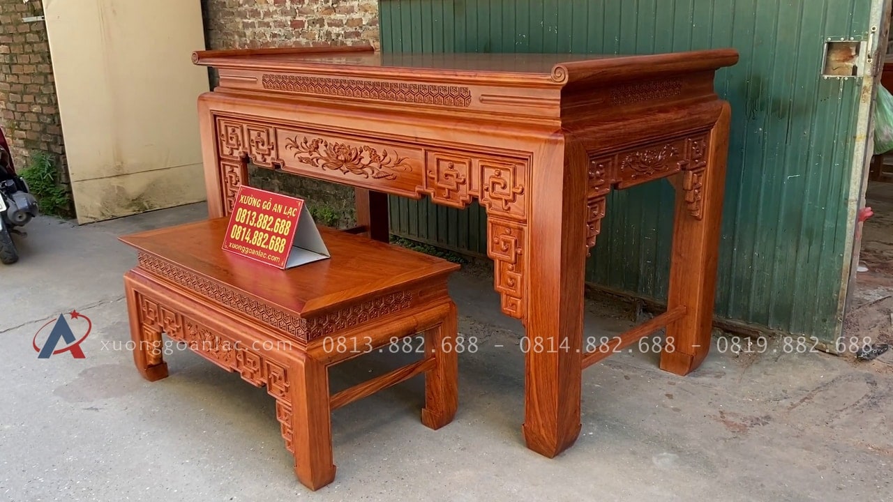 Bộ án gian mẫu Triện Sen 2m17 gỗ hương đá giao Ninh Hiệp 29 án gian kèm bàn cơm