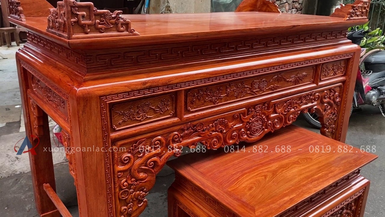 Bộ án gian thờ Như ý kèm bàn cơm 1m97 gỗ hương đá (Sơn La) 3 mẫu án gian như ý dạ nền