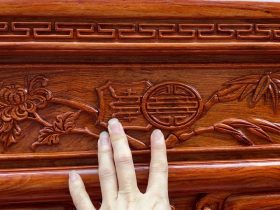 Bộ án gian thờ Như ý kèm bàn cơm 1m97 gỗ hương đá (Sơn La) 14 ô trung tâm dạ đục cúc trúc chũ thọ kép