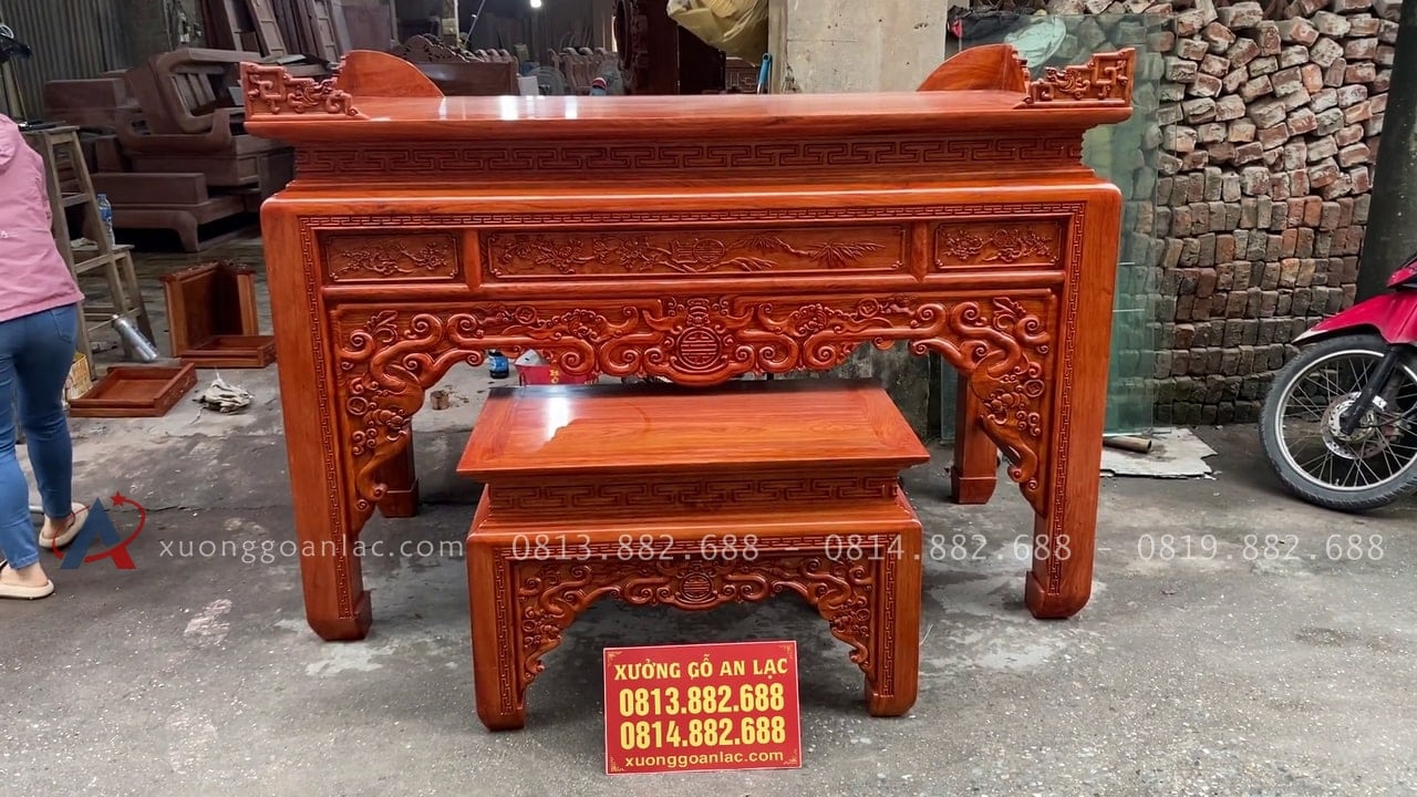 Bộ án gian thờ Như ý kèm bàn cơm 1m97 gỗ hương đá (Sơn La) 24 mẫu bàn cơm gỗ hương đá