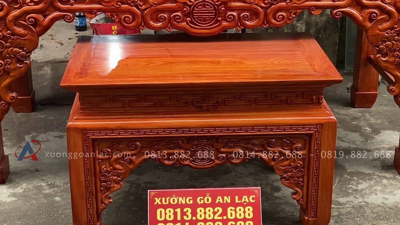 Bộ án gian thờ Như ý kèm bàn cơm 1m97 gỗ hương đá (Sơn La) 25 mẫu bàn cơm đục họa tiết dơi chữ thọ