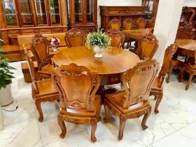 bàn ăn tròn nguyên khối 8 ghế gỗ gõ đỏ