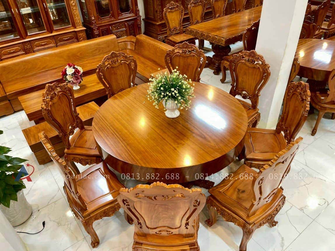 Bộ bàn tròn nguyên khối 8 ghế gỗ gõ đỏ cao cấp (Chú Trần, Khánh Hòa) 13 mẫu bàn ăn 8 ghế