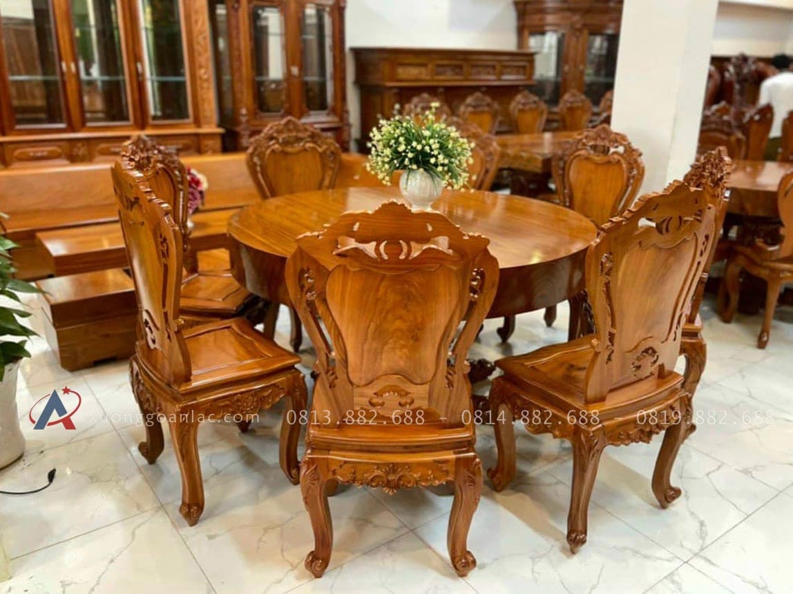 Bộ bàn tròn nguyên khối 8 ghế gỗ gõ đỏ cao cấp (Chú Trần, Khánh Hòa) 14 bộ bàn ăn gỗ gõ đỏ