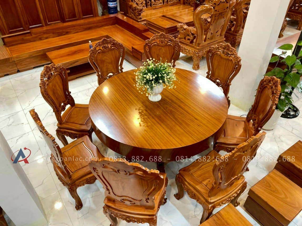 Bộ bàn tròn nguyên khối 8 ghế gỗ gõ đỏ cao cấp (Chú Trần, Khánh Hòa) 15 bàn tròn gỗ gõ nguyên khối