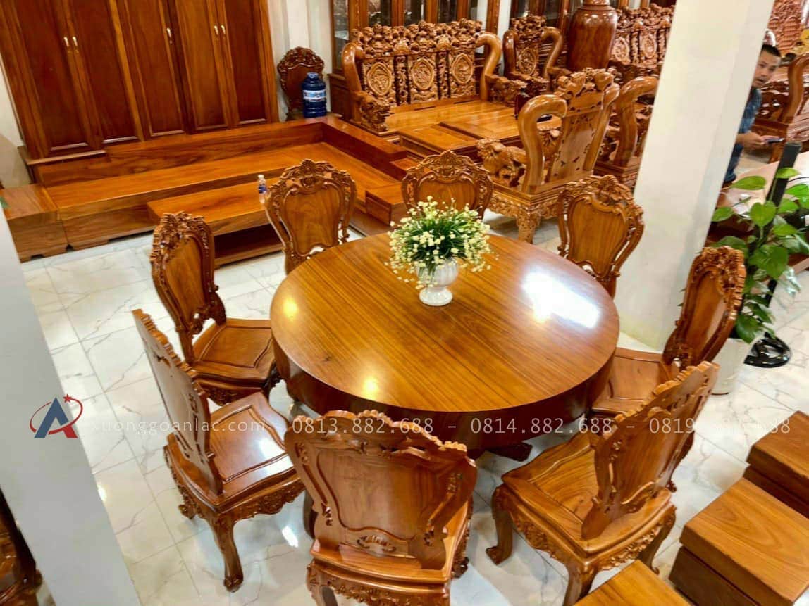 Bộ bàn tròn nguyên khối 8 ghế gỗ gõ đỏ cao cấp (Chú Trần, Khánh Hòa) 16 mẫu bàn ghế ăn gỗ gõ tuyển vân