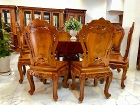 Bộ bàn tròn nguyên khối 8 ghế gỗ gõ đỏ cao cấp (Chú Trần, Khánh Hòa) 11 bộ bàn ghế ăn cao cấp