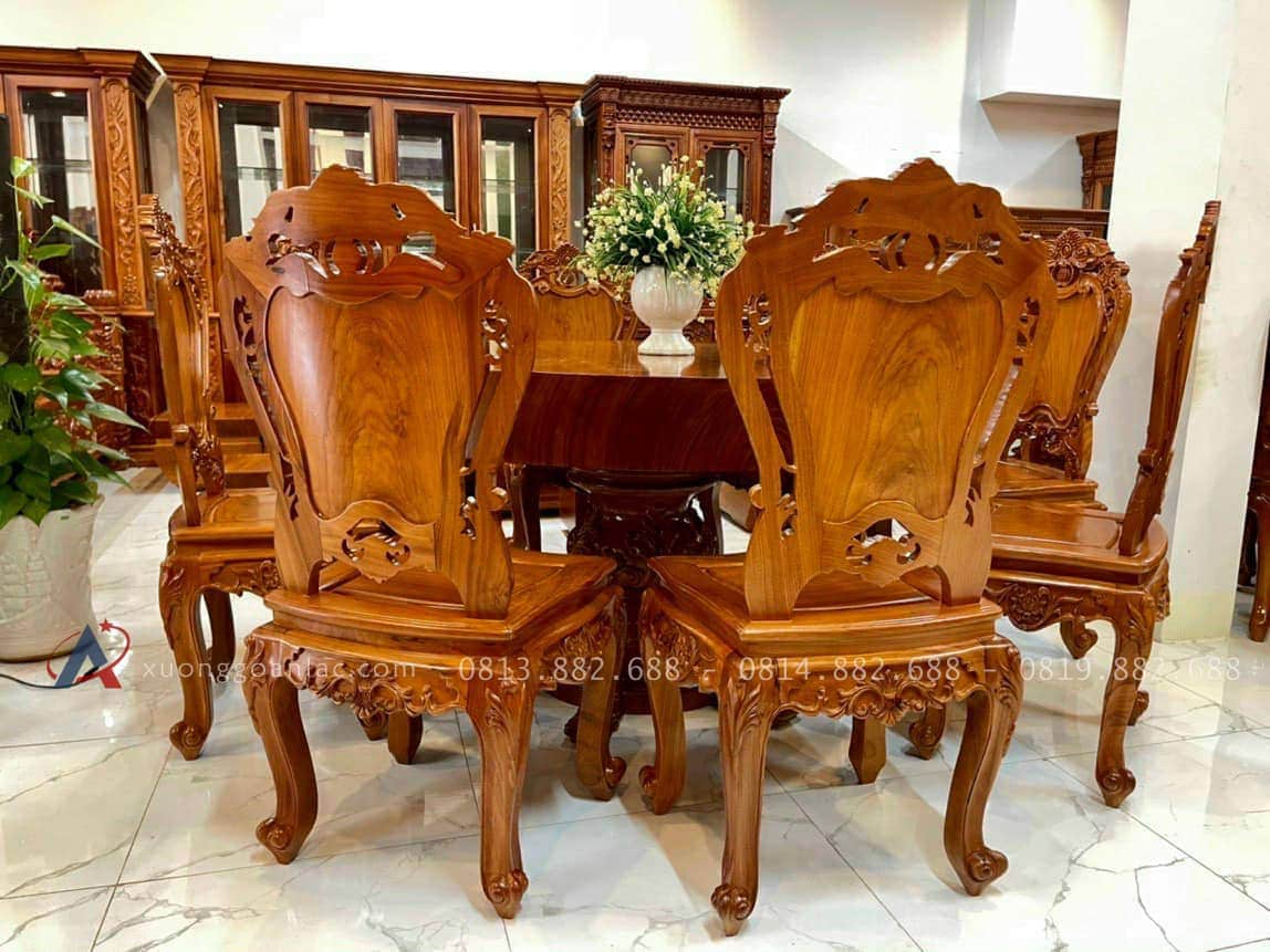 Bộ bàn tròn nguyên khối 8 ghế gỗ gõ đỏ cao cấp (Chú Trần, Khánh Hòa) 17 bộ bàn ghế ăn cao cấp